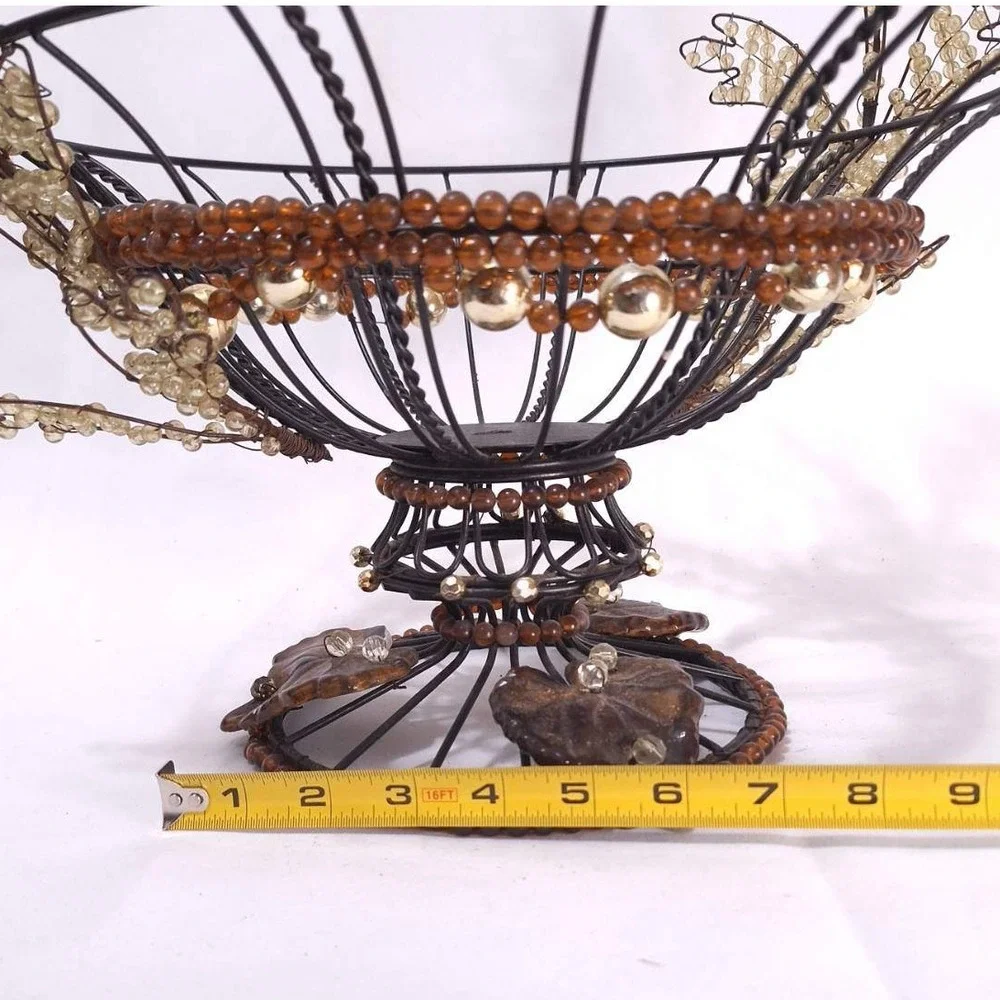 Vtg Metal Wire Beaded Basket w/ Ceramic Leaves‎ Rustic Deco Centerpiece 12.5